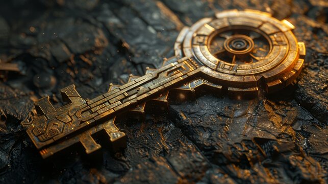 A mysterious ancient key with intricate cybernetic detailing