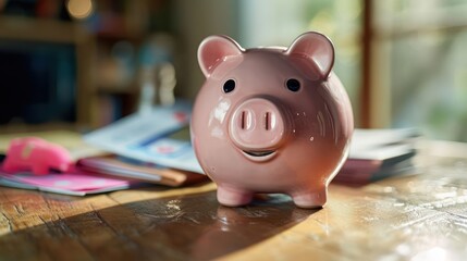the concept of financial literacy with an image of a piggy bank alongside educational materials, emphasizing the importance of informed saving - obrazy, fototapety, plakaty