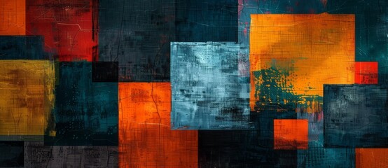  Colorful abstract mural with brick blocks in the background. Close up metal square grid, colorful steel background design.