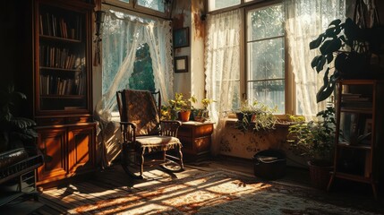 the coziness of a reading nook filled with warm sunlight streaming through lace curtains, creating a relaxing ambiance - obrazy, fototapety, plakaty