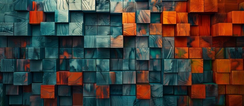 Colorful abstract mural with wooden blocks in the background. Close up wood square grid, colorful wood background design.