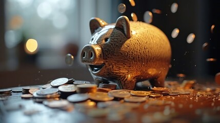 the determination of saving with a dynamic shot of a piggy bank in motion, coins falling into it, conveying the active process of financial discipline