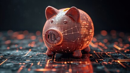 the digital transformation of savings with an image of a piggy bank transitioning into a digital currency symbol, representing the evolution of money