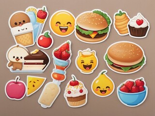 Funny food stickers set with different cartoon characters. Vector illustration.