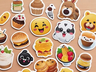Illustration of a set of different cute cartoon food on a wooden background