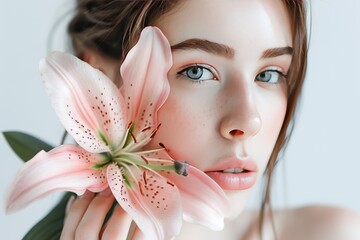 Young Woman Holding a Pink Stargazer Lily With a Soft-Focused Background