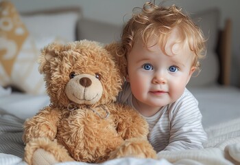 Smiling Baby With Blue Eyes Next to a Brown Teddy Bear on a Soft Bed