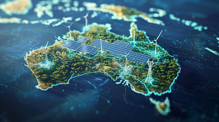 Digital map of Australia, Depicting advancements in renewable energy and sustainability, Created using generative AI