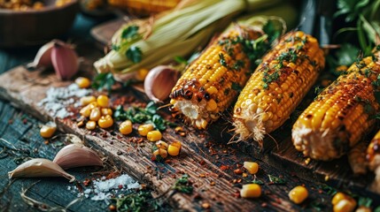the gourmet aspect of roasted corn with an image showcasing unique presentations and high-quality ingredients, elevating the culinary experience - obrazy, fototapety, plakaty