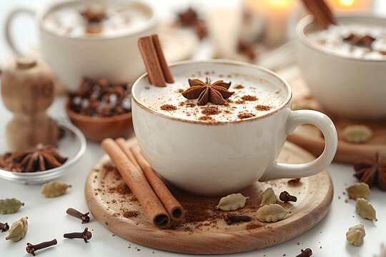 A 3D animated cartoon render of a steaming chai latte cup with cinnamon sticks and cardamom pods.