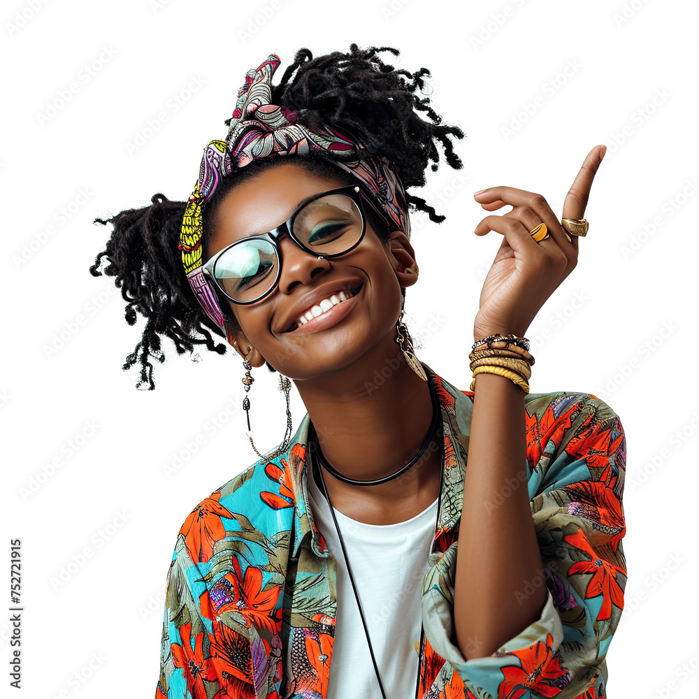 Wall mural portrait of black young woman happy smiling with hands pointing, posing surprised expression attract