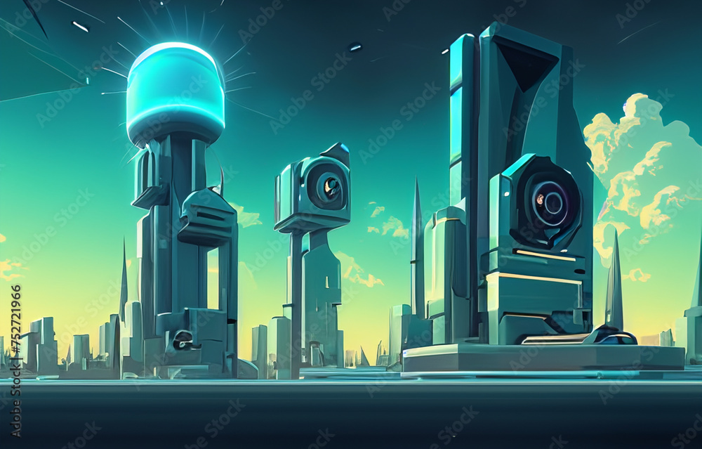 Wall mural abstract illustration of a futuristic city, buildings in future, ultra modern cityscape created with generative ai technology. High quality illustration