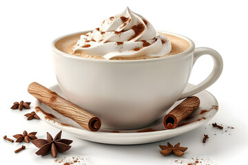 A 3D animated cartoon render of a steaming cup of chai latte with whipped cream and cinnamon.