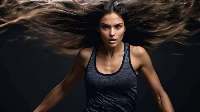Beautiful brunette girl in gray sports top with developing long hair running on black background in studio. Super model in sports commercial