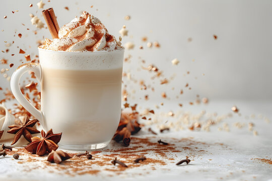 A 3D animated cartoon render of a giant chai latte mug overflowing with frothy milk and sprinkled cinnamon.