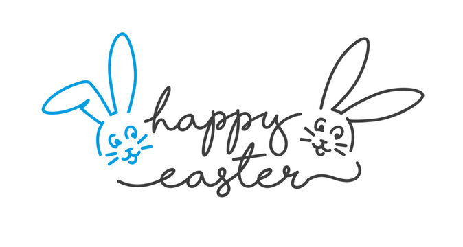 Easter handwritten calligraphy lettering with happy Easter bunny line design greeting card banner on white background