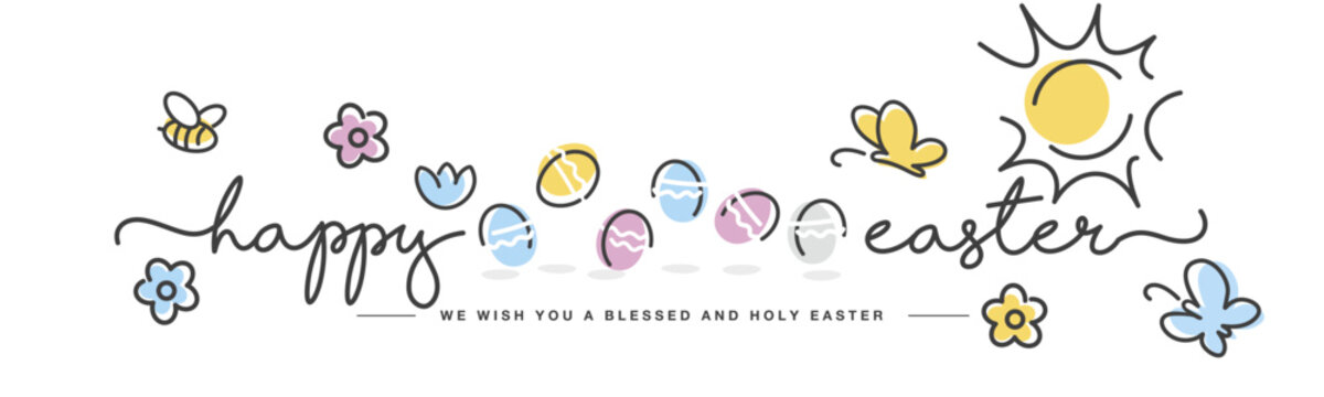 We wish you a blessed and holy Easter. Easter handwitten calligraphy lettering and jumping colorful eggs line design on a white background