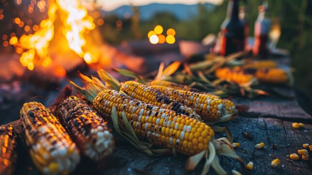 the joyous moments of a summer barbeque gathering with an image of friends sharing laughter and enjoying freshly roasted corn, emphasizing the social aspect
