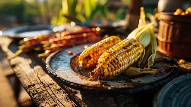 the outdoor dining experience with an image of roasted corn served at a picnic table, showcasing the wholesome and relaxed atmosphere