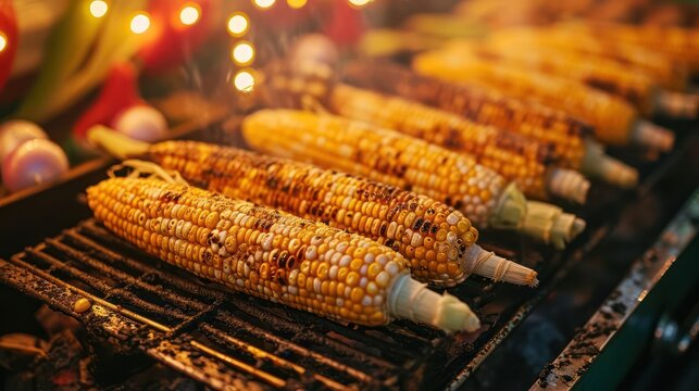 the nostalgia of fairground roasted corn, presenting a colorful image of corn cobs rotating on a grill, with a hint of carnival lights