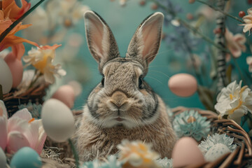 Fototapeta na wymiar Rabbit Nestled Among Easter Eggs and Flowers