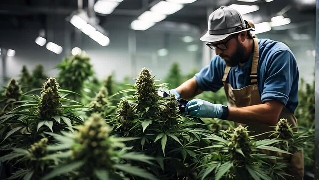Grover tending a marijuana bush. A greenhouse for growing medical marijuana indoors under artificial light bulbs. Close up of a marijuana bush. Cannabis plantation. Natural medicine concept