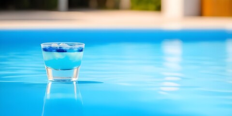 Fototapeta na wymiar Blue cocktail in a glass on the edge of a swimming pool.