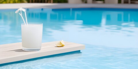 Cocktail with lime in a glass on the swimming pool.