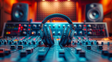 Headphones on sound mixer. Music concept