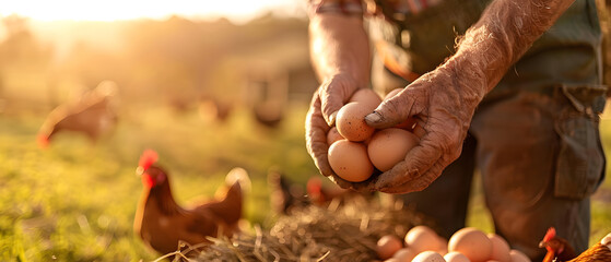 A chicken farmer is collecting eggs with chickens all around him.