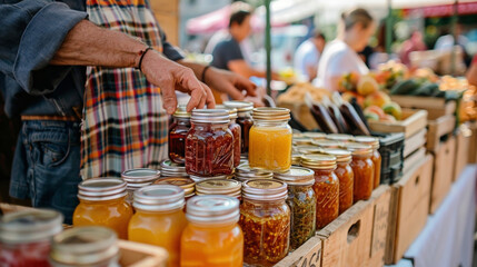 A vendor arranging jars of homemade jams and preserves on a table as customers stop by to taste and inquire about the ingredients used. - obrazy, fototapety, plakaty