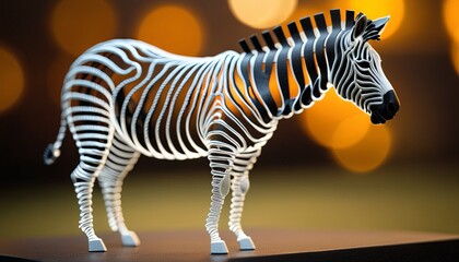 Fototapeta na wymiar Zebra bent wire animal figure on blurred backdrop, abstract wire animal creative figures, art and imagination intersection.