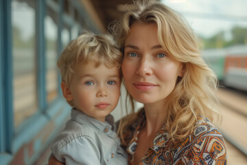 Portrait of mother with child boy son at the station, family trip