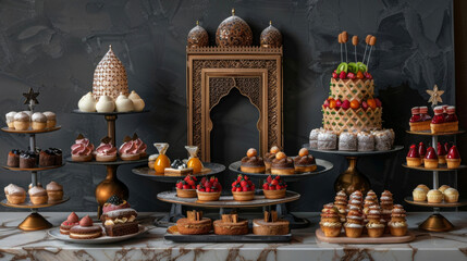 A fusion of cultures on a single display with a mix of European Middle Eastern and Asian pastries. Each one reflects its own unique heritage through its ingredients and presentation.