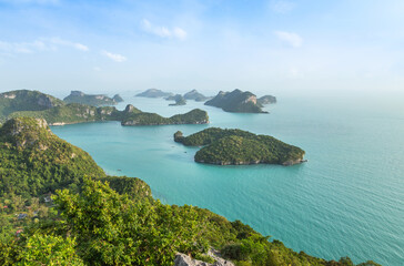 Stunning aerial  landscape view above beautiful archipelago Ang thong Islands National Marine Park Surat Thani, Thailand 