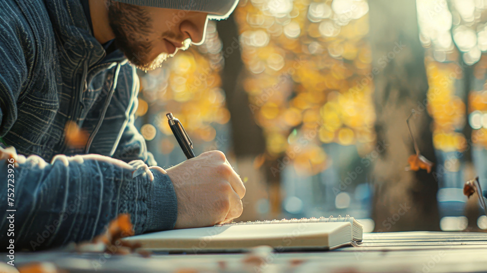 Wall mural A man is writing in a notebook while sitting on a bench. The notebook is open to a page with a few words written on it. The man is focused on his writing, and the scene suggests a quiet