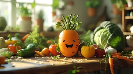 Gartenposter adorable scene with a smiling Kawaii cute carrot character on the table, surrounded by other cheerful veggies © Tina