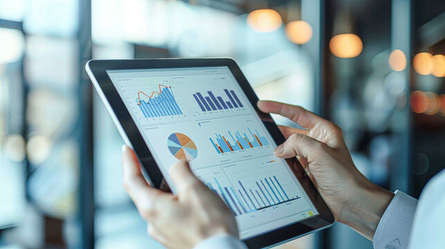 A person is holding a tablet with a graph on it. The graph shows a series of numbers and lines, and the person is looking at it intently. Concept of focus and concentration