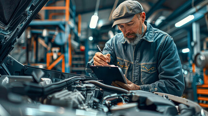 A man is writing on a clipboard while working on a car engine. He is wearing a blue jacket and a hat - Powered by Adobe