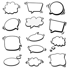 Fototapeta premium Vector set of speech bubbles for words. Hand drawn doodle. Isolated dialogue sketch for design.