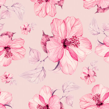 a pattern of pink flowers and leaves on a white seamless pattern background