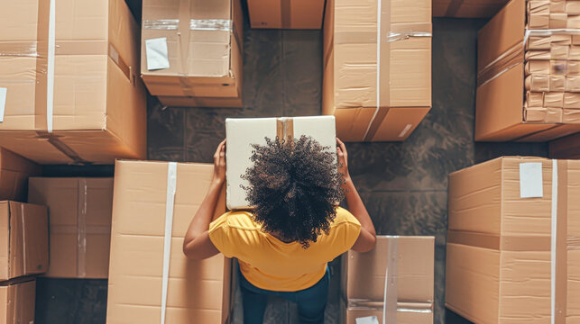 A person in a yellow shirt is standing in a room full of cardboard boxes. They are holding a book and looking at the boxes