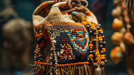 Fototapeta premium A closeup of a beaded medicine bag intricately crafted and containing sacred objects for protection and healing purposes.
