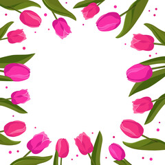 Spring square frame with pink tulips for text. Vector template with flowers for design, banner, card