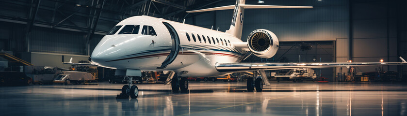 Elegant white jet stationed in a state-of-the-art hangar Close-up