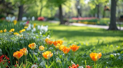 Sunlight dapples through the trees onto a vibrant display of orange tulips and diverse spring flowers in a lush park.