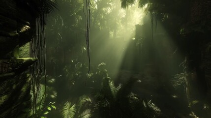Sunlight filtering through dense foliage in an ancient forest.
