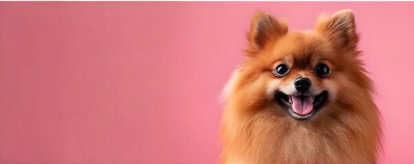 Adorable Pomeranian spitz breed dog posing on pink background Perfect for petthemed designs. Concept Dog Photography, Pet Portraits, Pomeranian Spitz, Cute Poses, Pink Background - obrazy, fototapety, plakaty