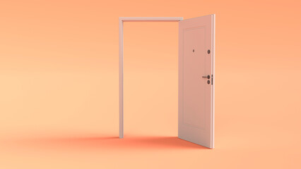Open white door. Peach Fuzz background color. 3D rendering