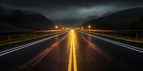 Fototapeta na wymiar As night descends, an empty highway stretches ahead, its lanes illuminated only by the glow of moonligh